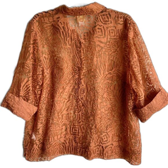 Ruby Rd Sheer Top Plus Size 20 Short Sleeve Button Up Tropical Floral Rust Brown - Picture 6 of 10